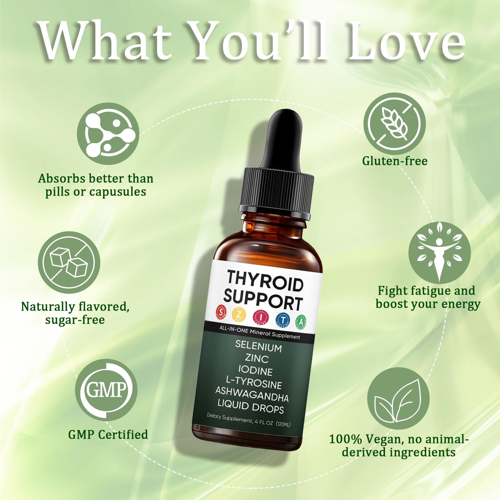 GXSAE Kindled Thyroid Drops packaging appeals to clean, vegetarian-friendly formulation.