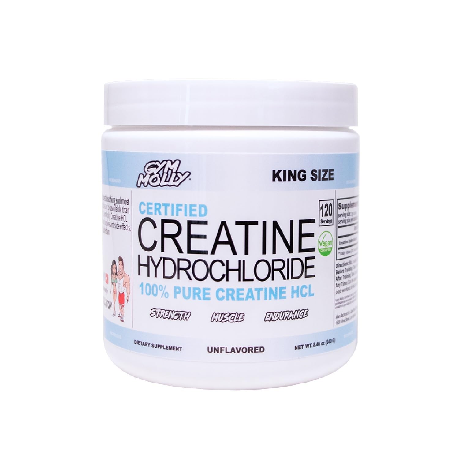 Gym Molly Creatine HCL powder bottle, ready for a post-workout shake.