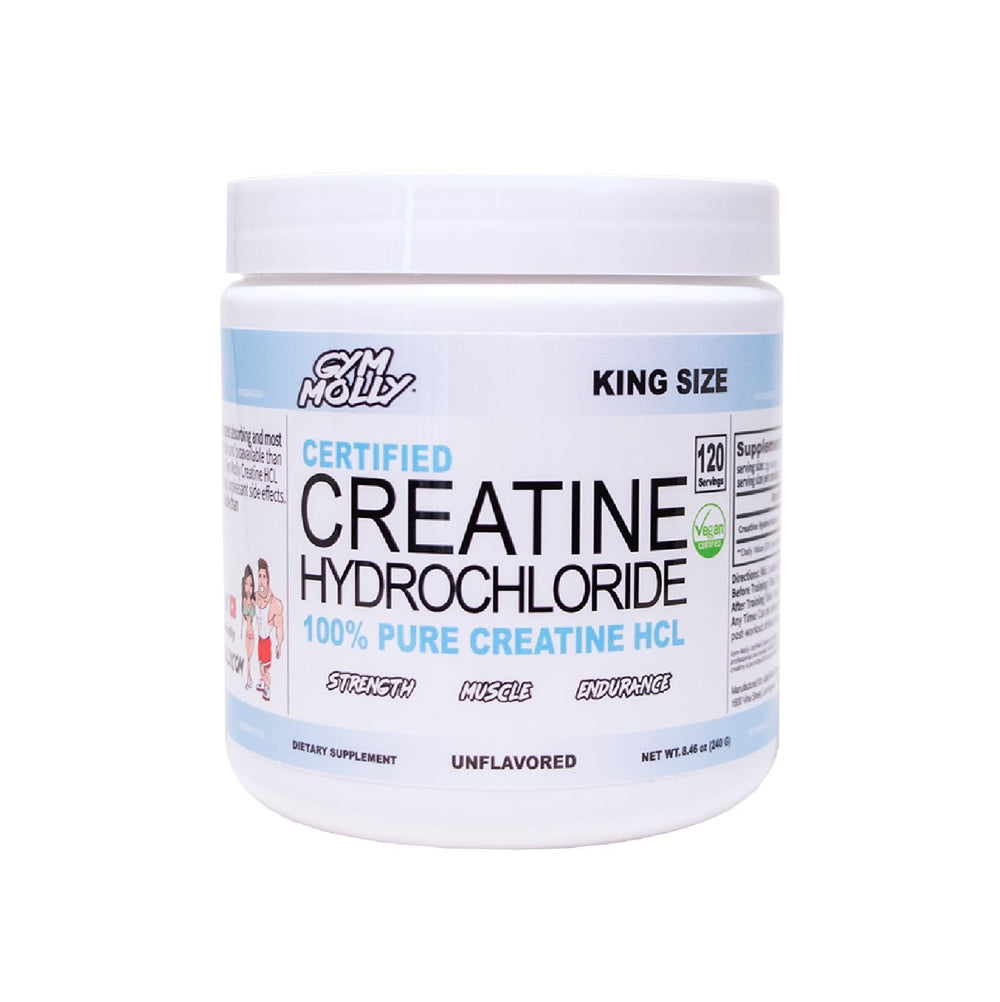 Gym Molly Creatine HCL powder bottle, ready for a post-workout shake.