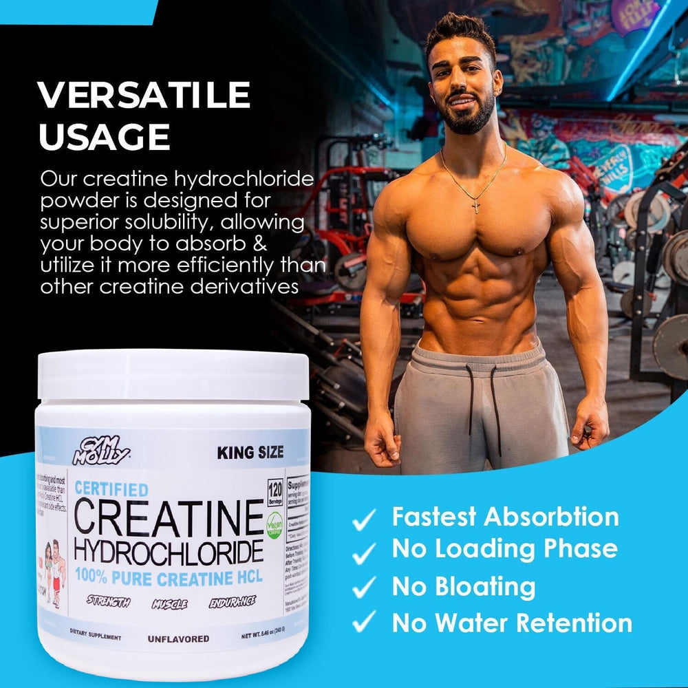 Gym Molly Creatine HCL powder jar close-up highlighting vegan, unflavored formula.