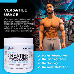 Gym Molly Creatine HCL powder jar close-up highlighting vegan, unflavored formula.