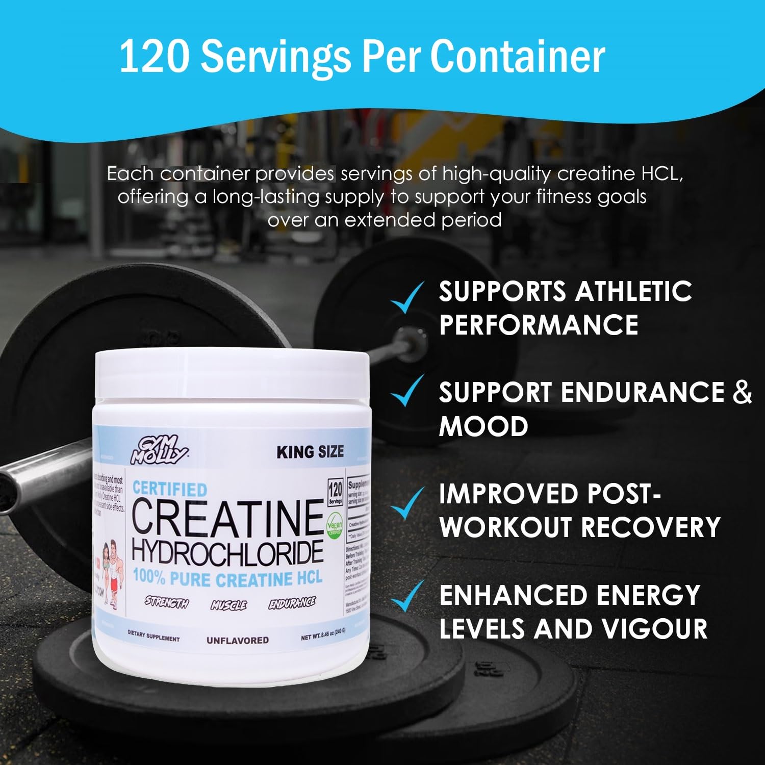 Gym Molly Creatine HCL label with clean, minimalist design.