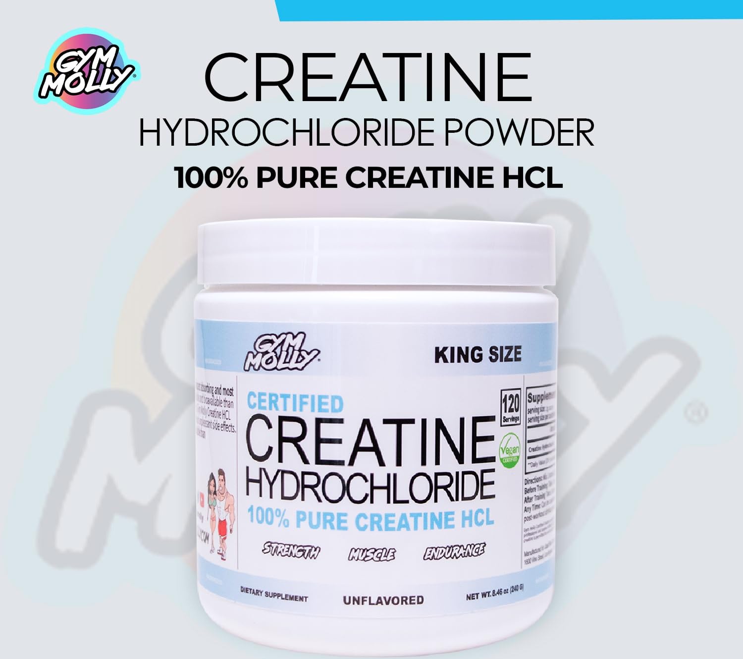 Gym Molly Creatine HCL scoop shown beside glass for easy mixing.