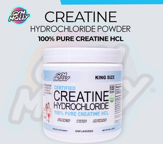 Gym Molly Creatine HCL scoop shown beside glass for easy mixing.
