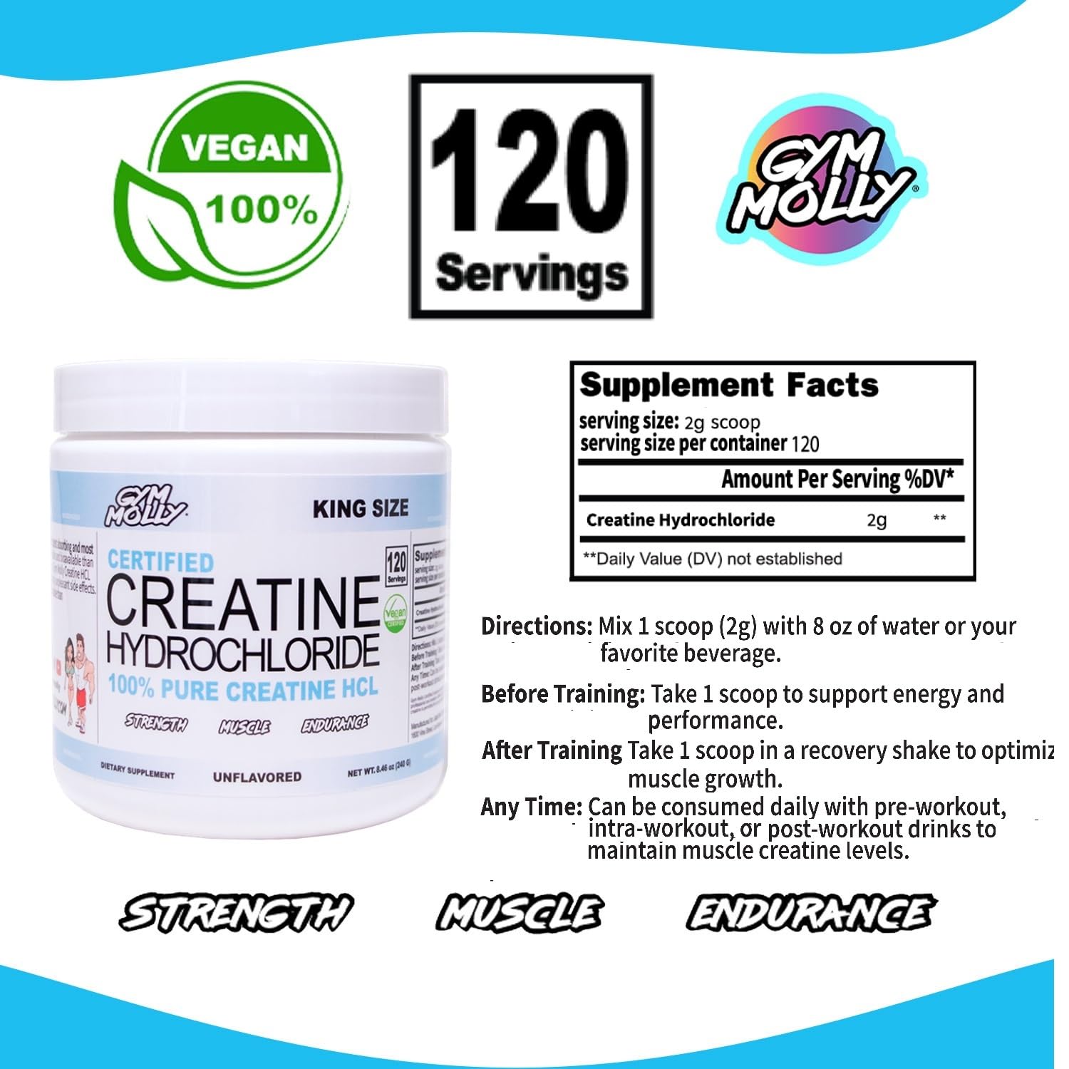 Gym Molly Creatine HCL powder on gym bench during training.