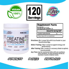 Gym Molly Creatine HCL powder on gym bench during training.