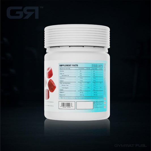 Gymrat Fuel post workout gummies closeup showing pomegranate passion flavor and chewy texture.