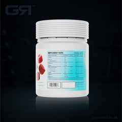 Gymrat Fuel post workout gummies closeup showing pomegranate passion flavor and chewy texture.
