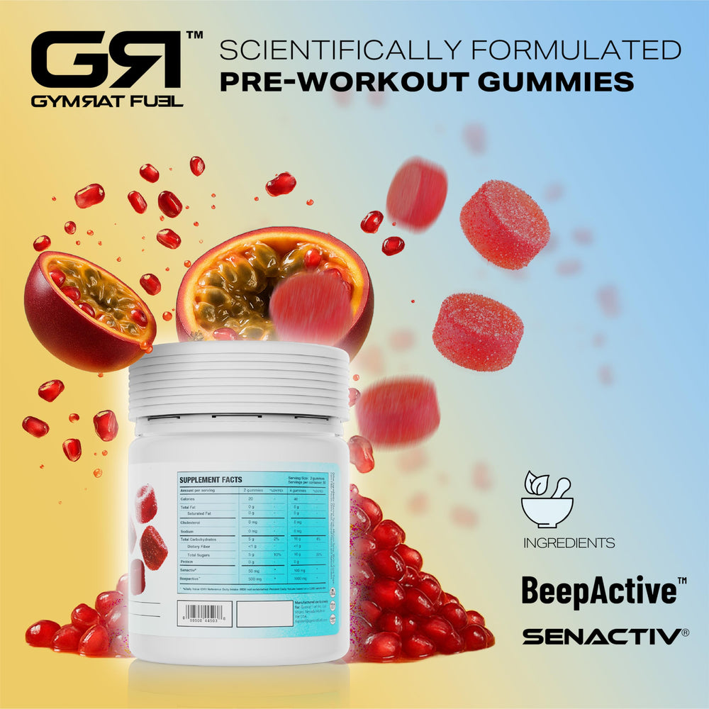 Gymrat Fuel label highlights Senactive® and Beepactive® ingredients on packaging.