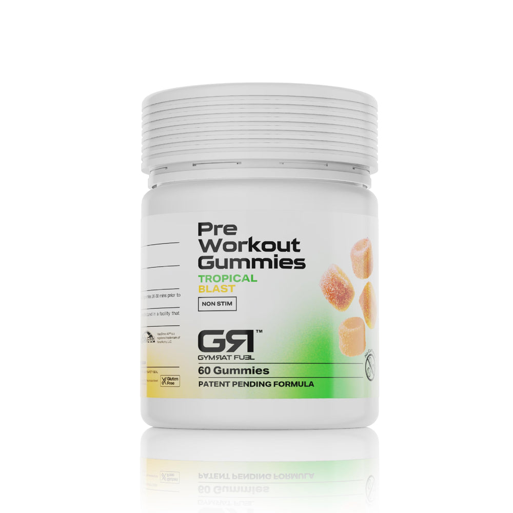 Gymrat Fuel Pre Workout Gummies Tropical Blast bottle ready for a gym session and sustained energy.
