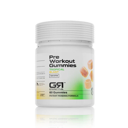 Gymrat Fuel Pre Workout Gummies Tropical Blast bottle ready for a gym session and sustained energy.
