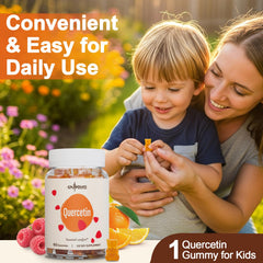 Gyumolics Quercetin for Kids bottle nutrition label featuring vitamin C and D3