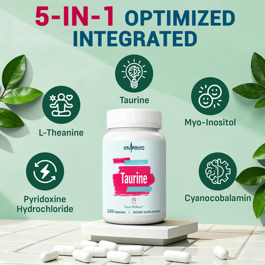 Close-up of Gyumolics Taurine capsules showing vegetarian, gluten-free formula.