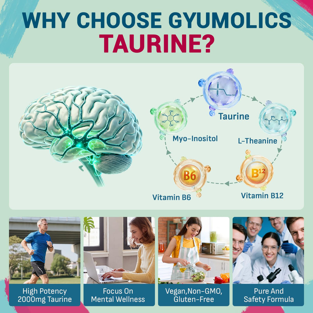 Gyumolics Taurine label highlighting non-GMO and plant-based ingredients.