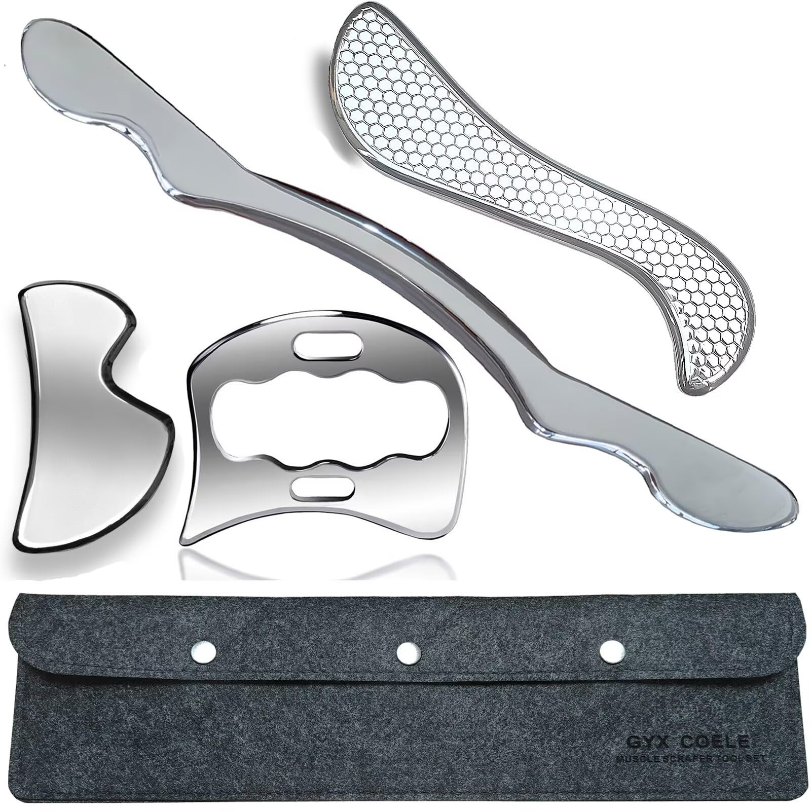 GYX COELE 4-in-1 stainless steel muscle scraper tool set for professional soft tissue massage and IASTM