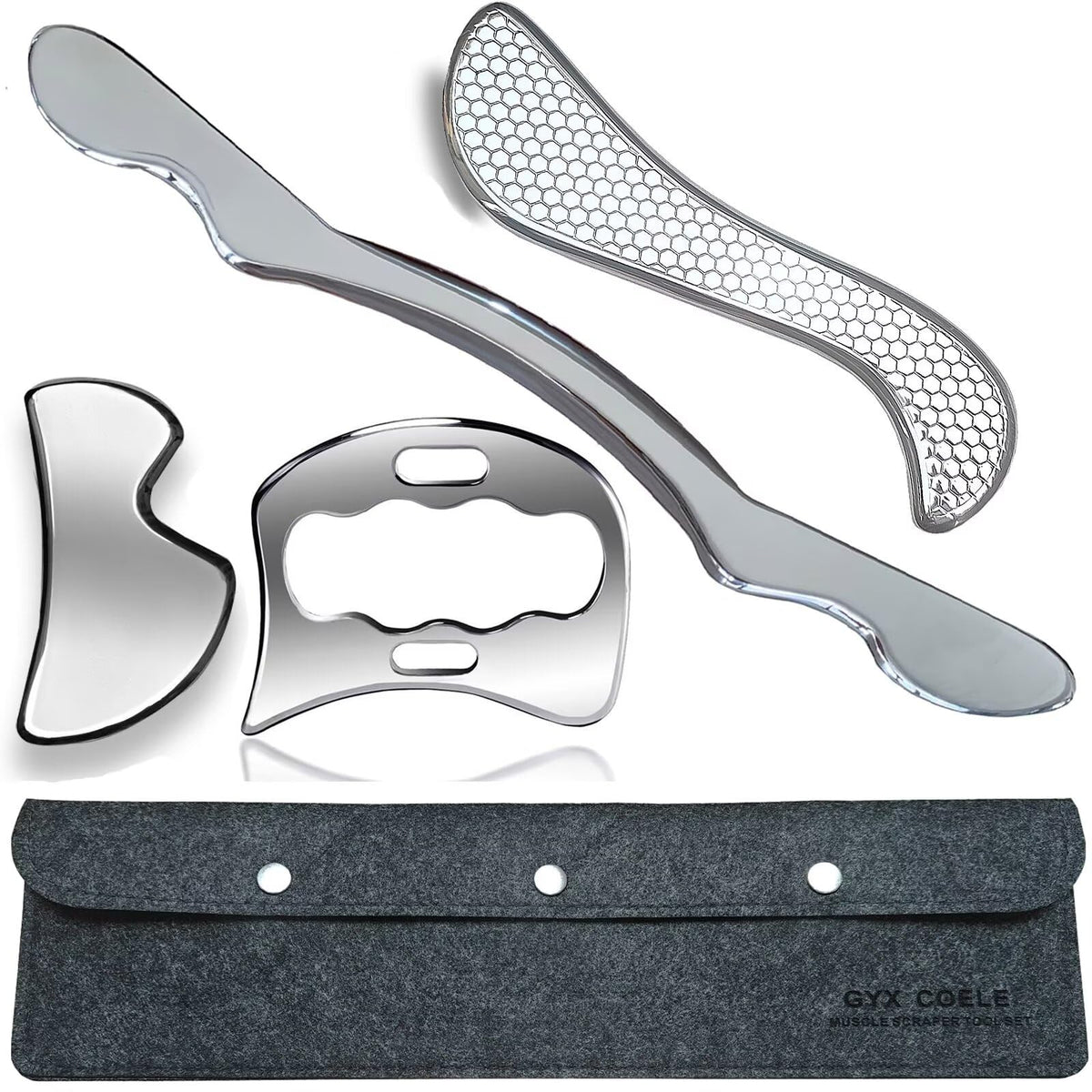 GYX COELE 4-in-1 stainless steel muscle scraper tool set for professional soft tissue massage and IASTM