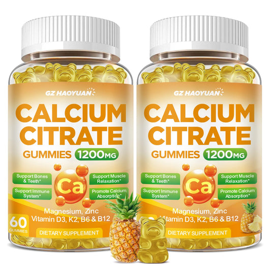 GZ HAOYUAN calcium citrate gummy bottle showcases pineapple flavor for daily bone support.