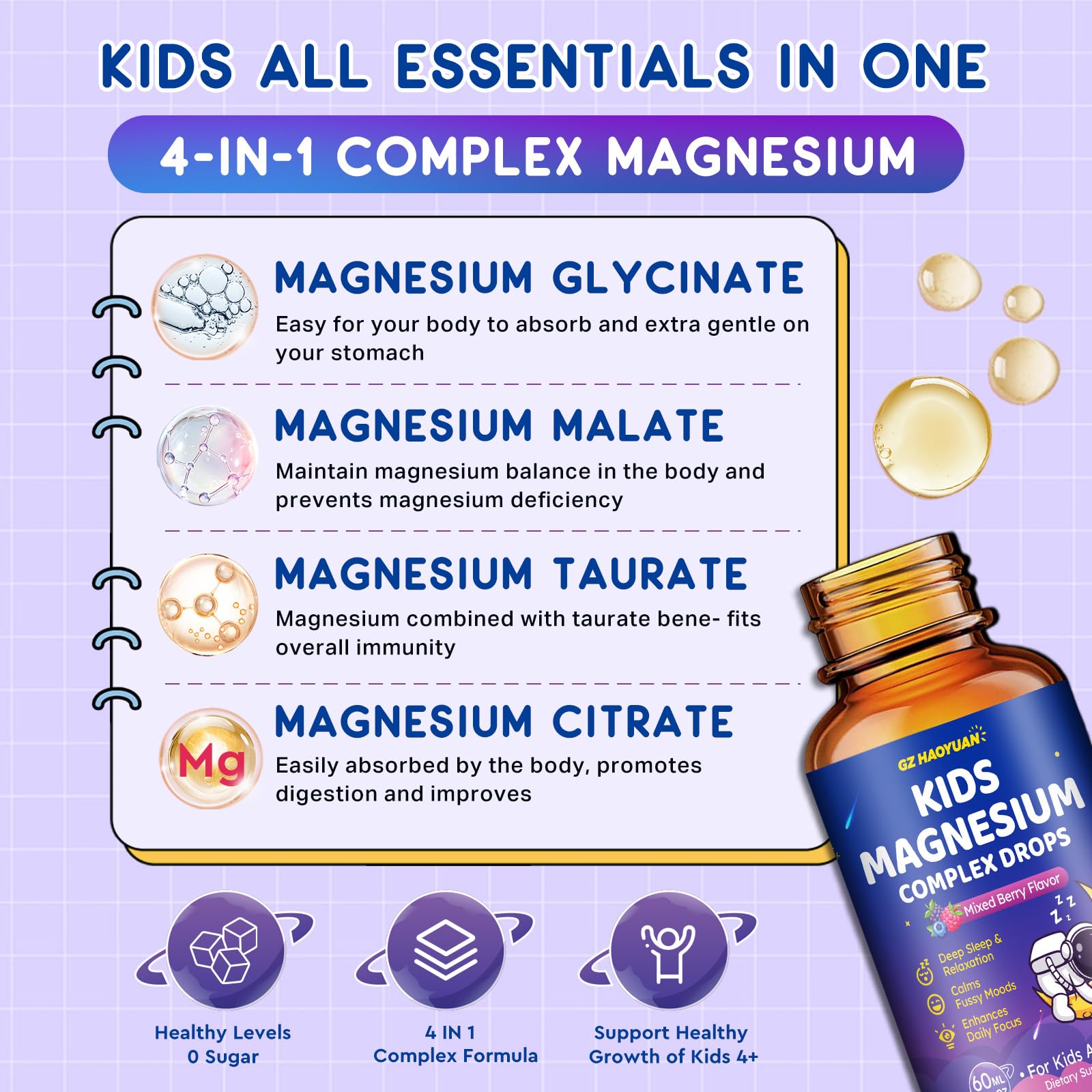 GZ Hao Yuan ingredients label highlights a 4-in-1 magnesium blend and vitamins