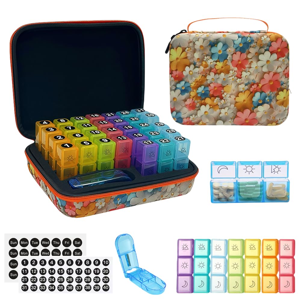 GZWENHAN Flower Cluster 31-Day Pill Box with AM/PM tabs for clear daily planning