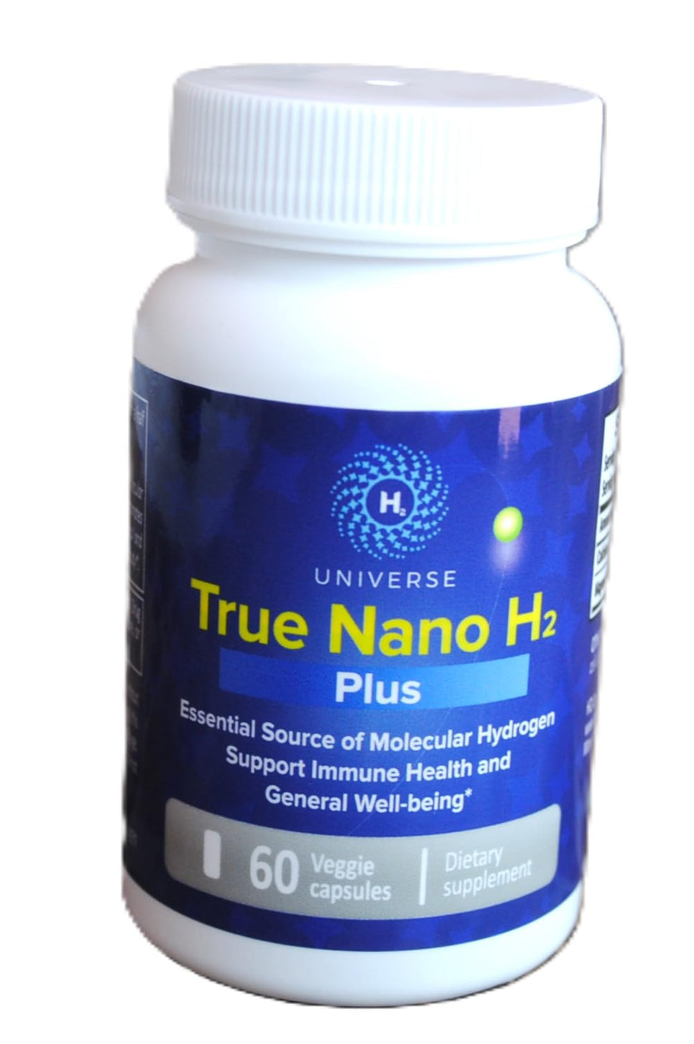H2 Universe True Nano H2 Plus bottle front showing compact health support on the shelf
