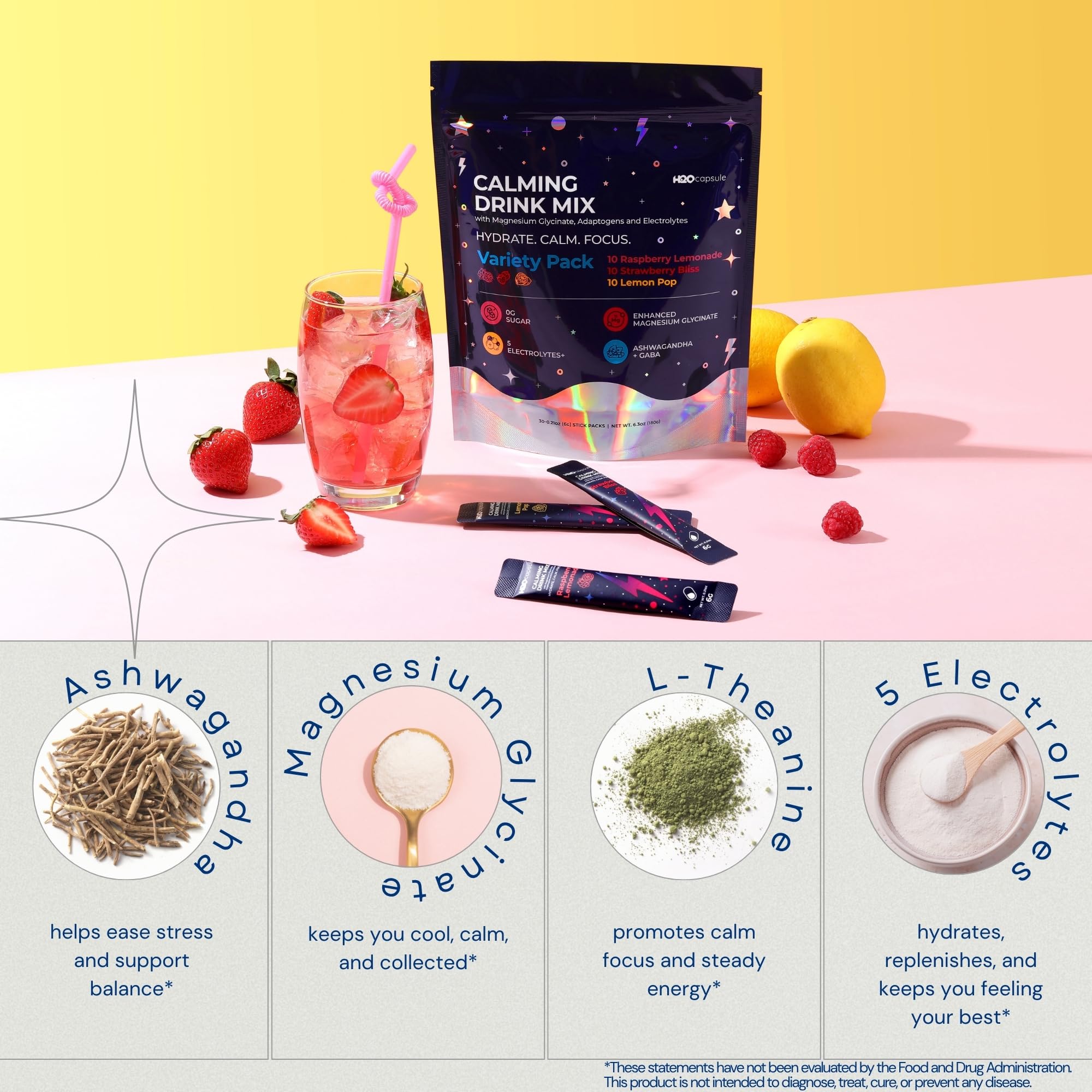 Ashwagandha bottle beside Calm powder for calming support ingredients.