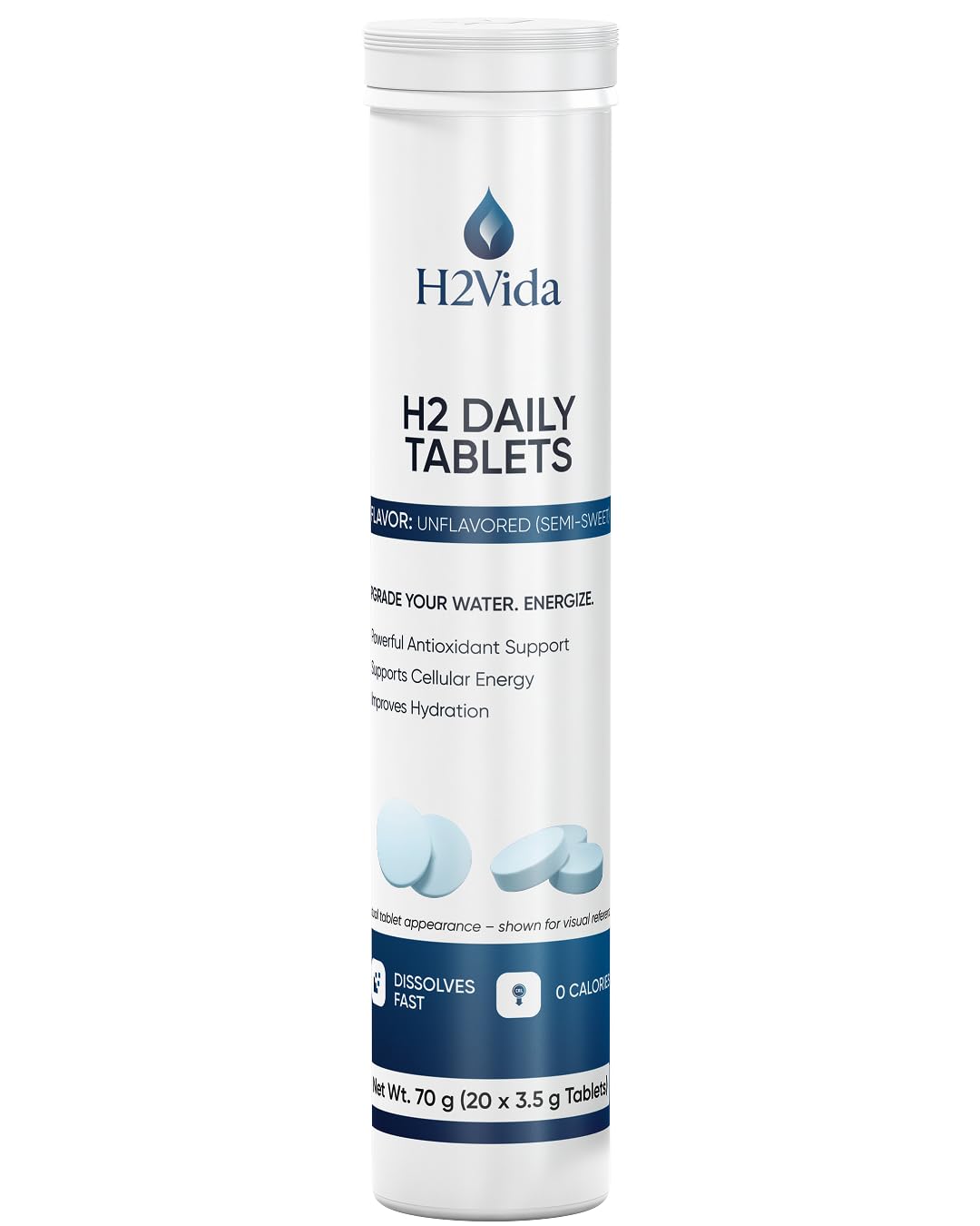 H2Vida hydrogen water tablets pack front highlights portable energy potential.