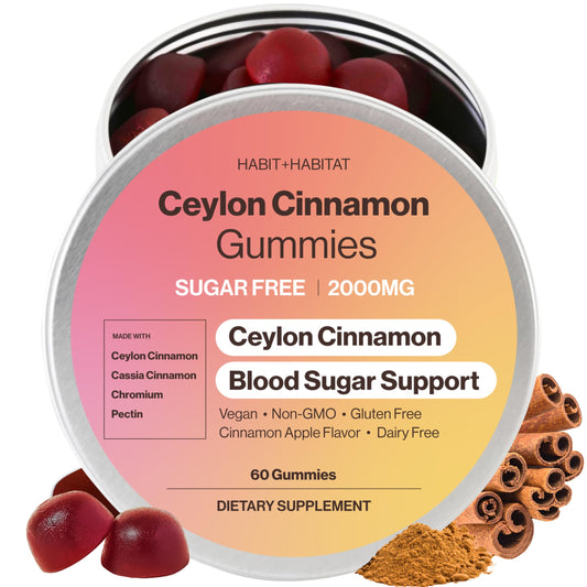 Habit + Habitat Ceylon Cinnamon Gummies bottle with apple flavor for daily snacking.