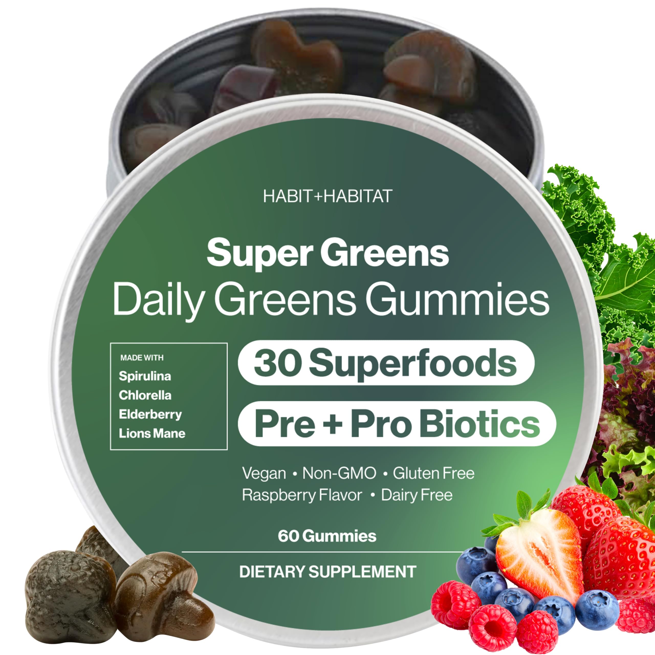 Habit + Habitat Daily Greens Plus raspberry bottle shown for convenient daily energy and wellness