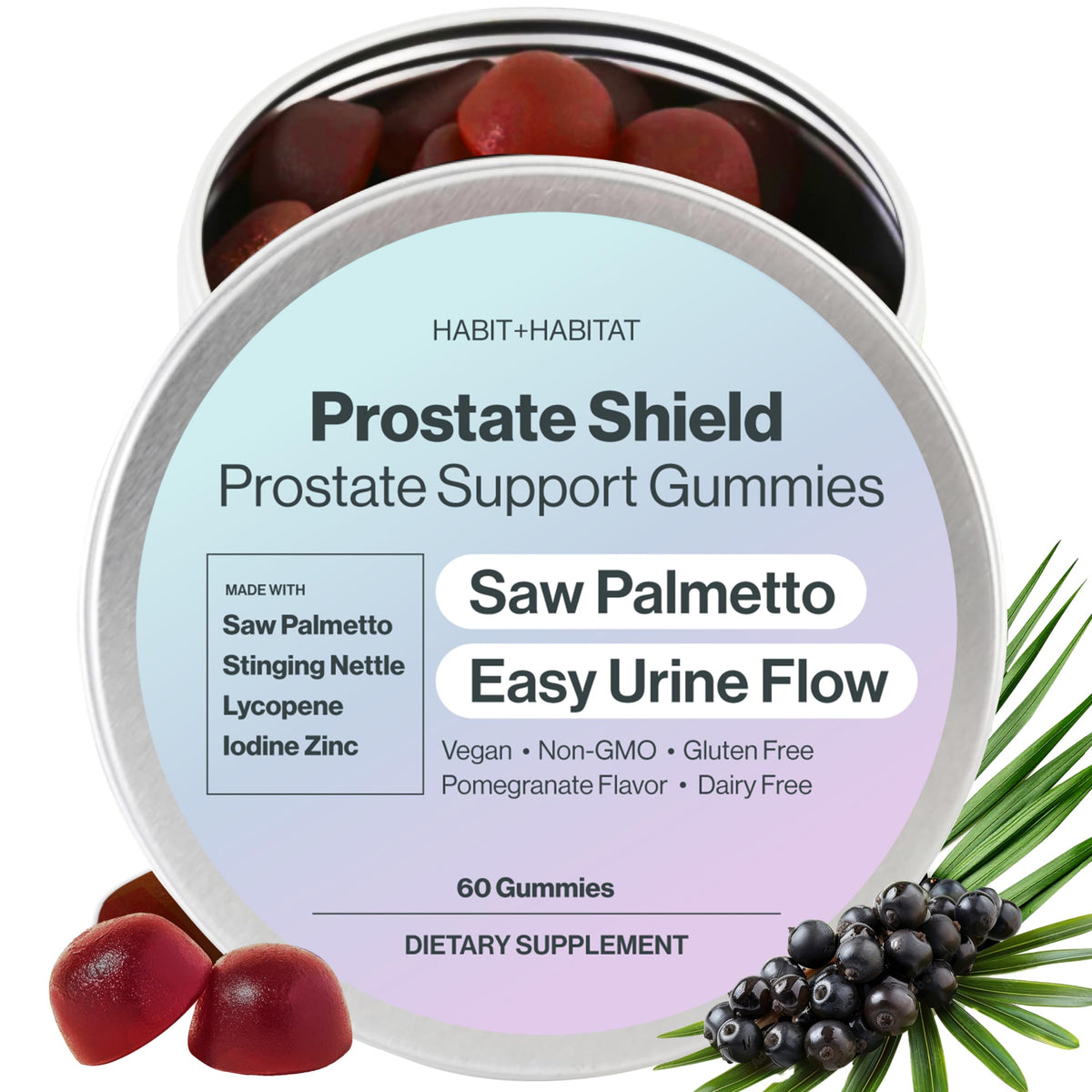Habit + Habitat Prostate Shield Gummies jar for daily wellness in a convenient tin.