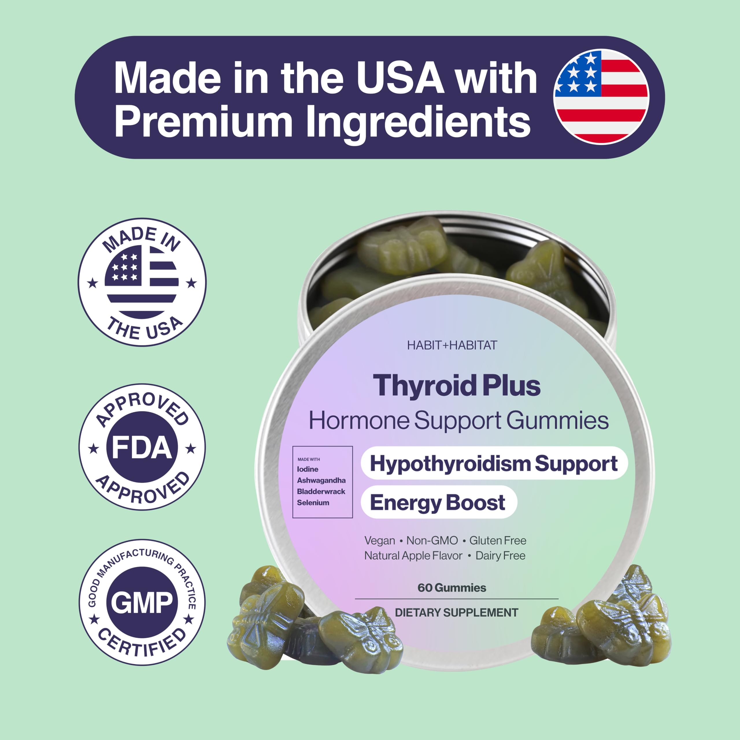 Habit + Habitat Thyroid Plus Gummies packaging on shelf signaling trusted daily supplement.