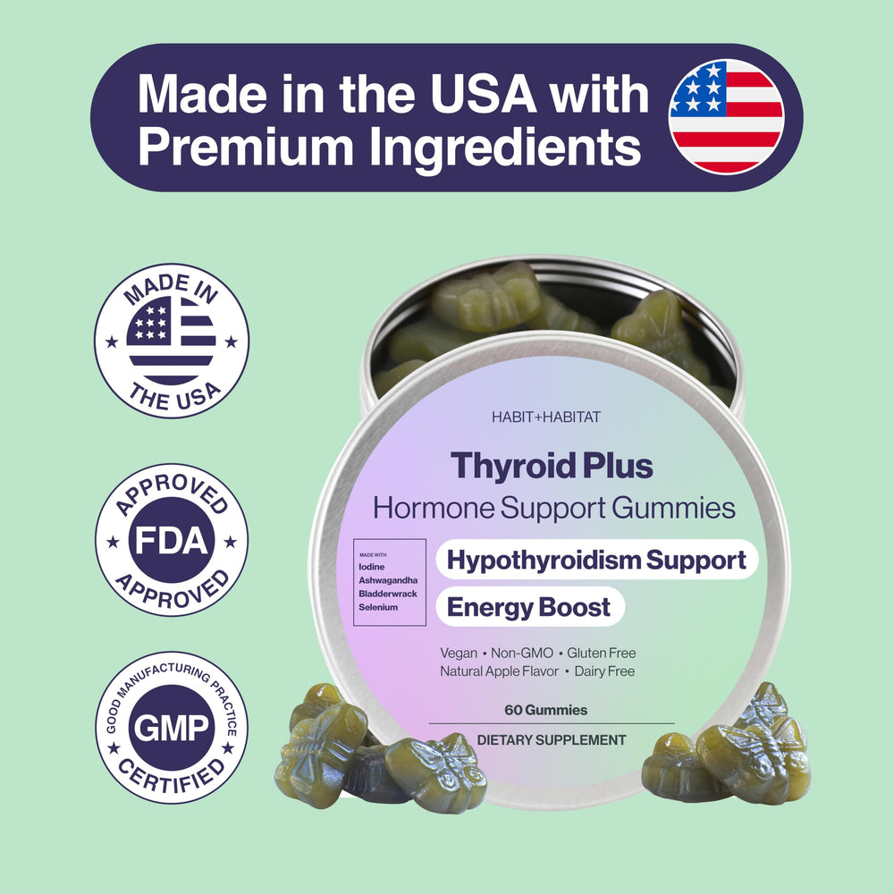 Habit + Habitat Thyroid Plus Gummies packaging on shelf signaling trusted daily supplement.