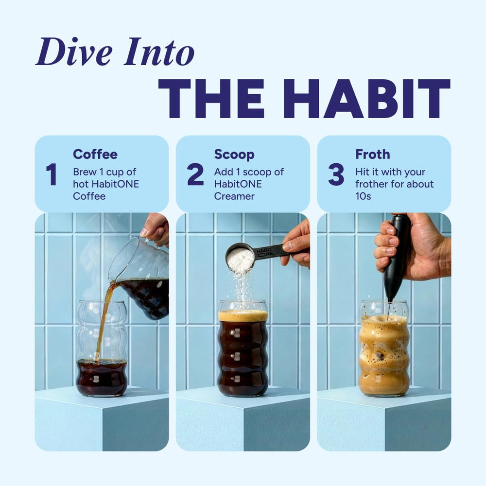 Habit One coffee creamer pour closeup with creamy texture.