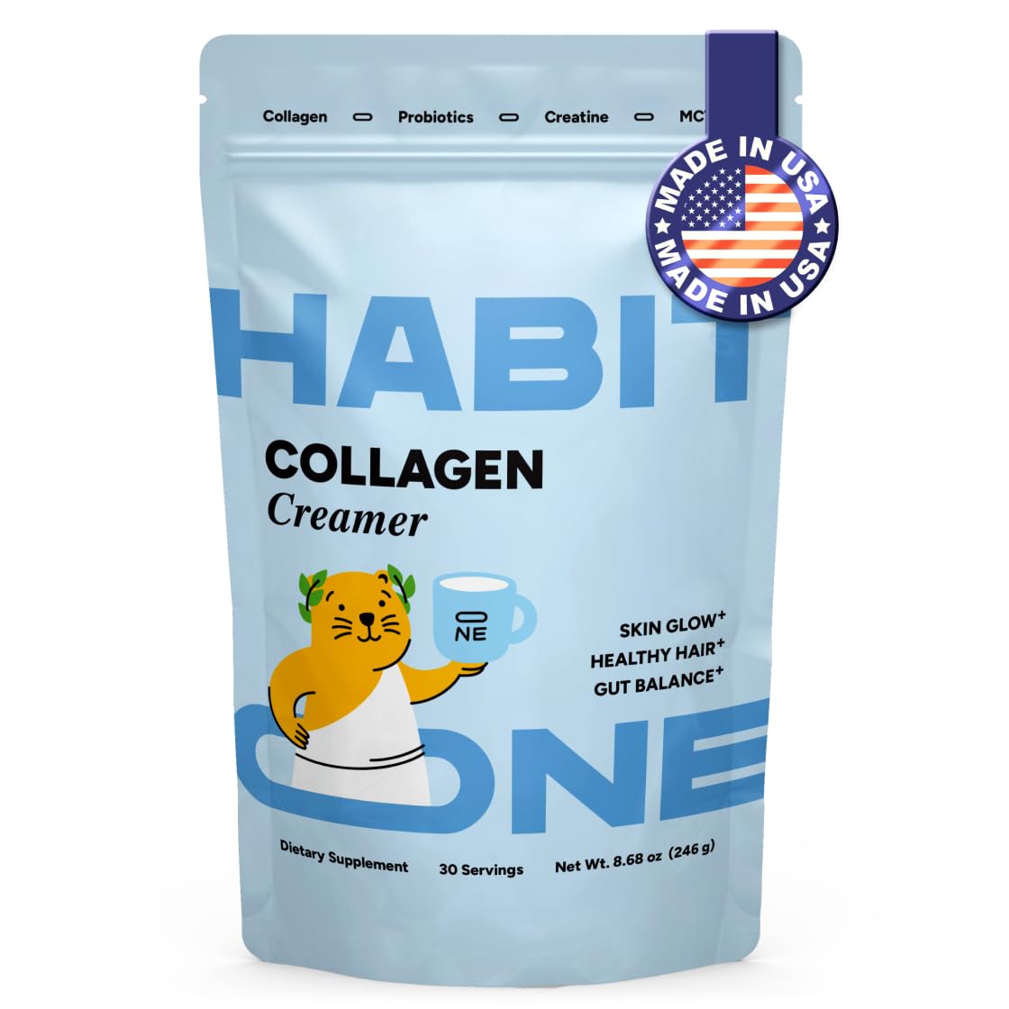 Habit One collagen creamer bottle beside coffee, highlighting a nutrient-forward dairy-free option.