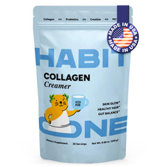 Habit One collagen creamer bottle beside coffee, highlighting a nutrient-forward dairy-free option.