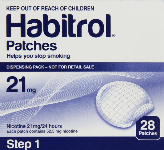Habitrol nicotine patch box packaging for Step 1 21 mg, easy quit support