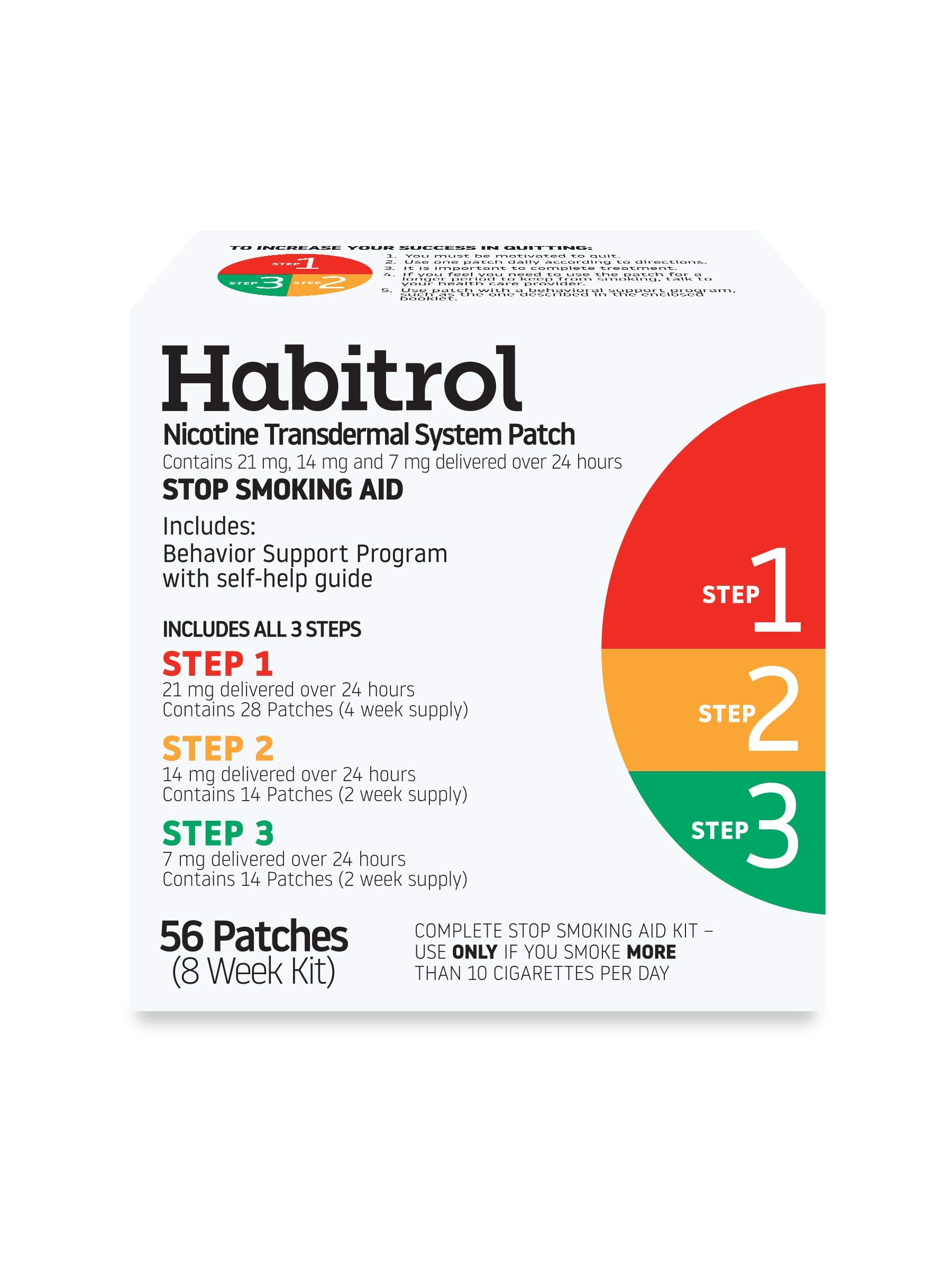 Habitrol Step 1 patch delivers 21 mg over 24 hours to curb cravings.