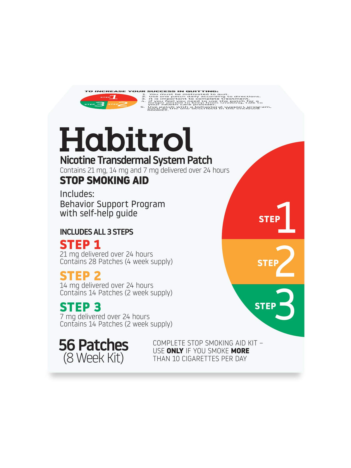 Habitrol Step 1 patch delivers 21 mg over 24 hours to curb cravings.