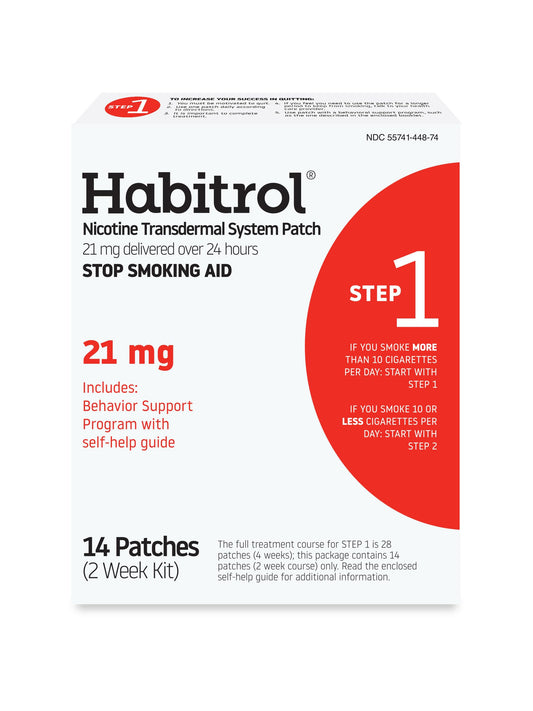 Habitrol Step 1 patch pack shown for day-long craving relief