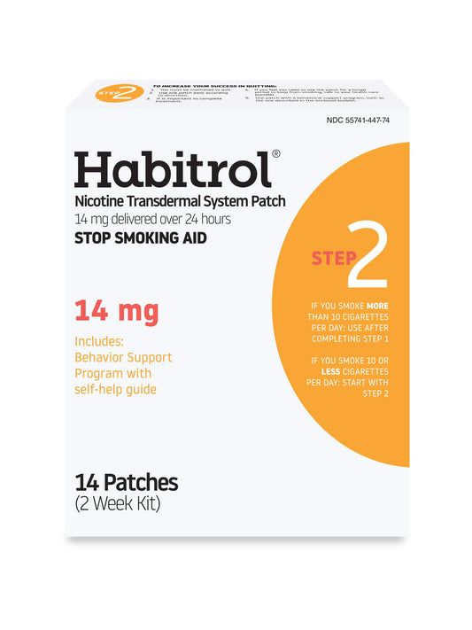 Habitrol Step 2 patch packshot showing 14 mg nicotine delivery over 24 hours.