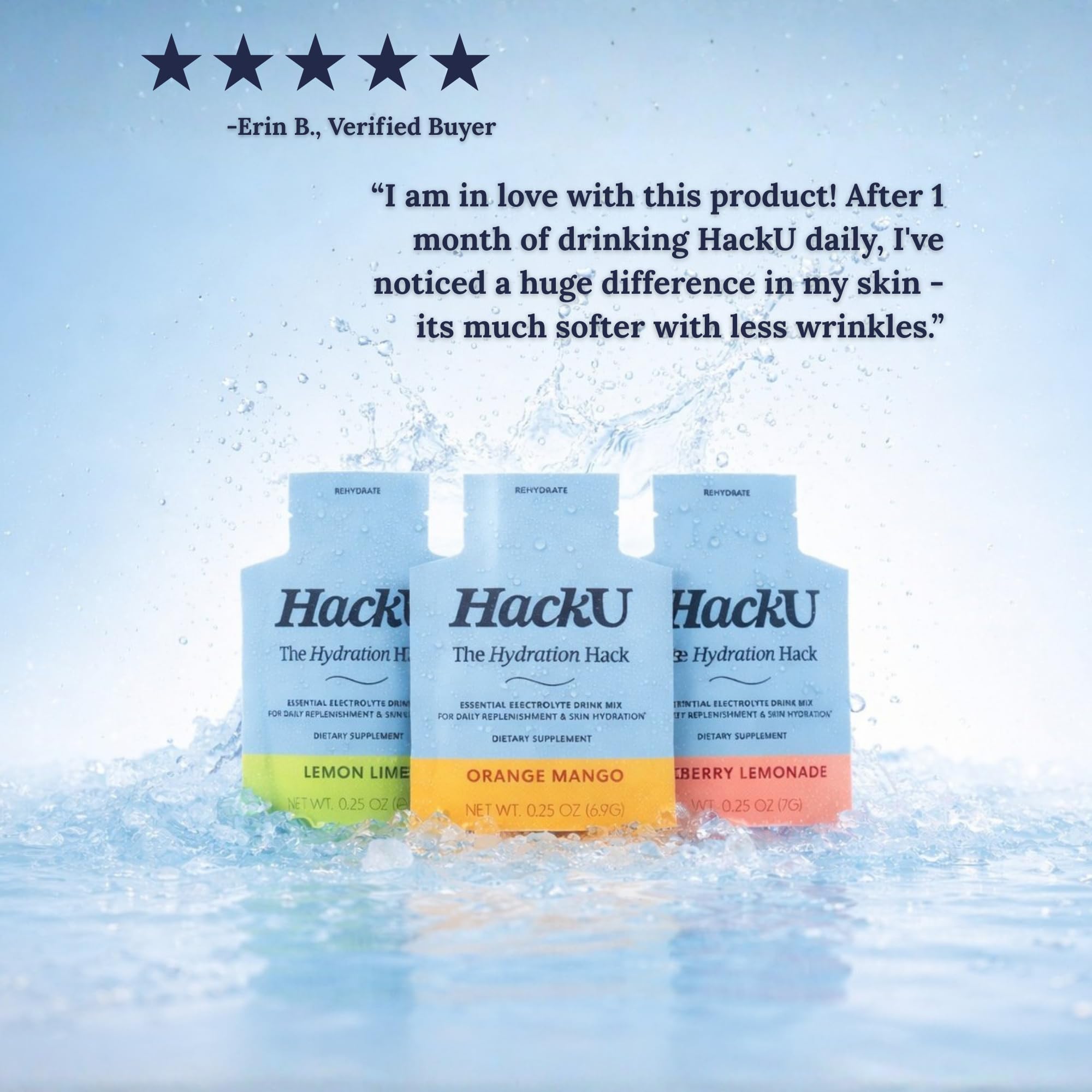 HackU sugar-free electrolyte packets orange mango pour for post-workout refreshment