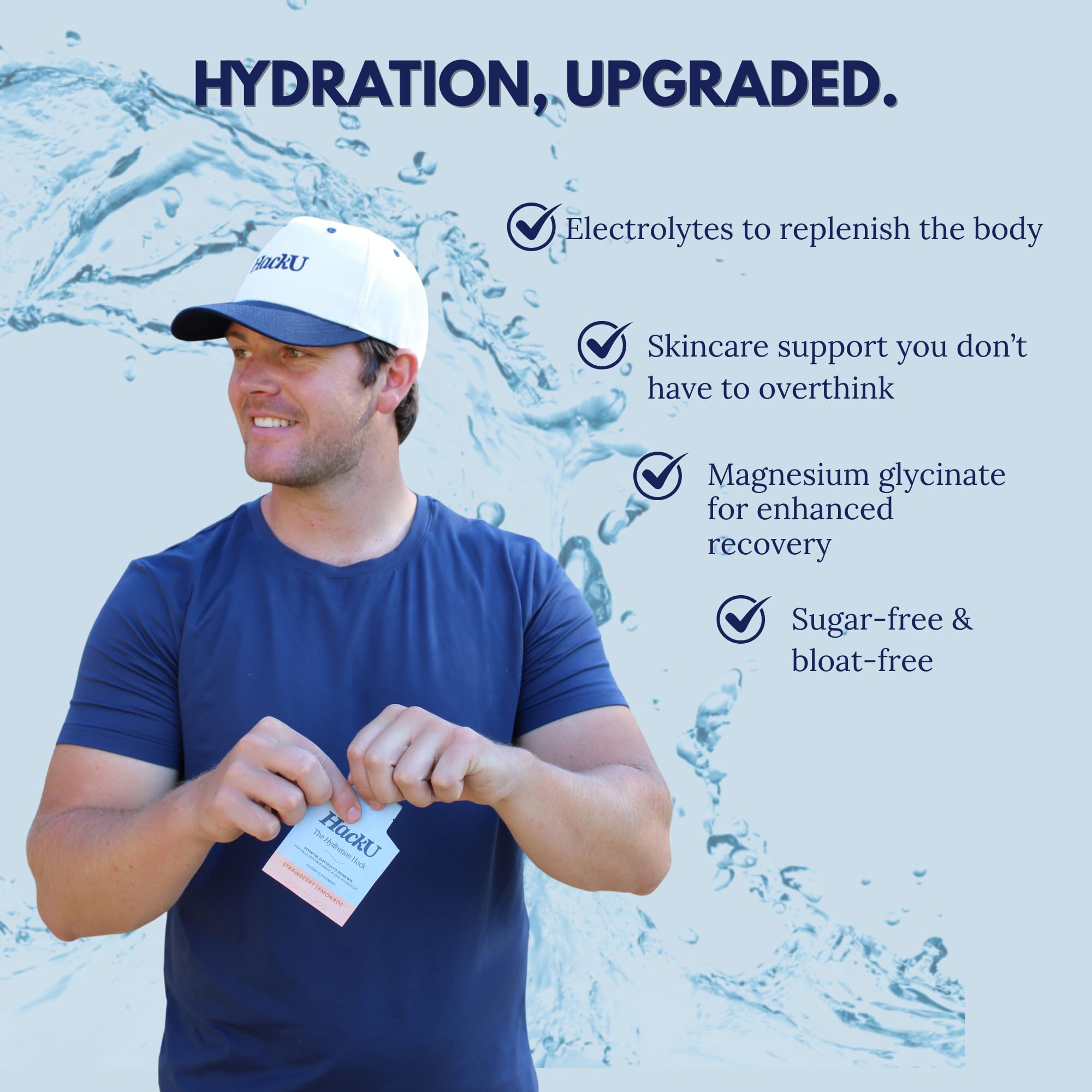 HackU single-serve packet in hand shows convenient after-workout hydration