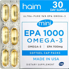 HAIM EPA1000 MINI bottle top view, 60 softgels for daily omega-3 support.