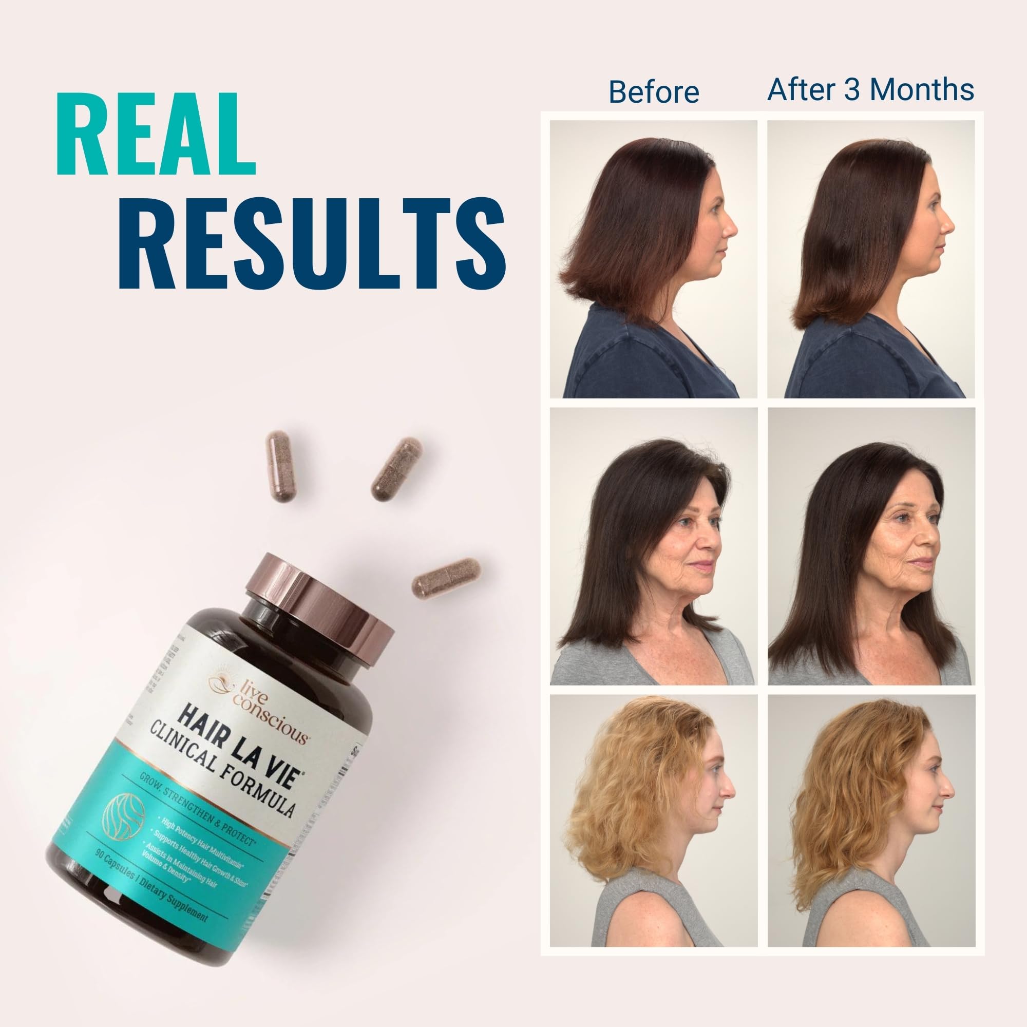 Hair La Vie bottle and three capsules in hand signaling daily intake with meals