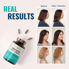 Hair La Vie bottle and three capsules in hand signaling daily intake with meals