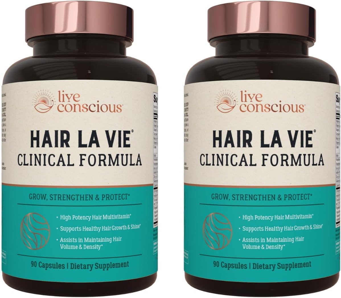 Hair La Vie Live Conscious bottle pouring capsules for daily hair support.