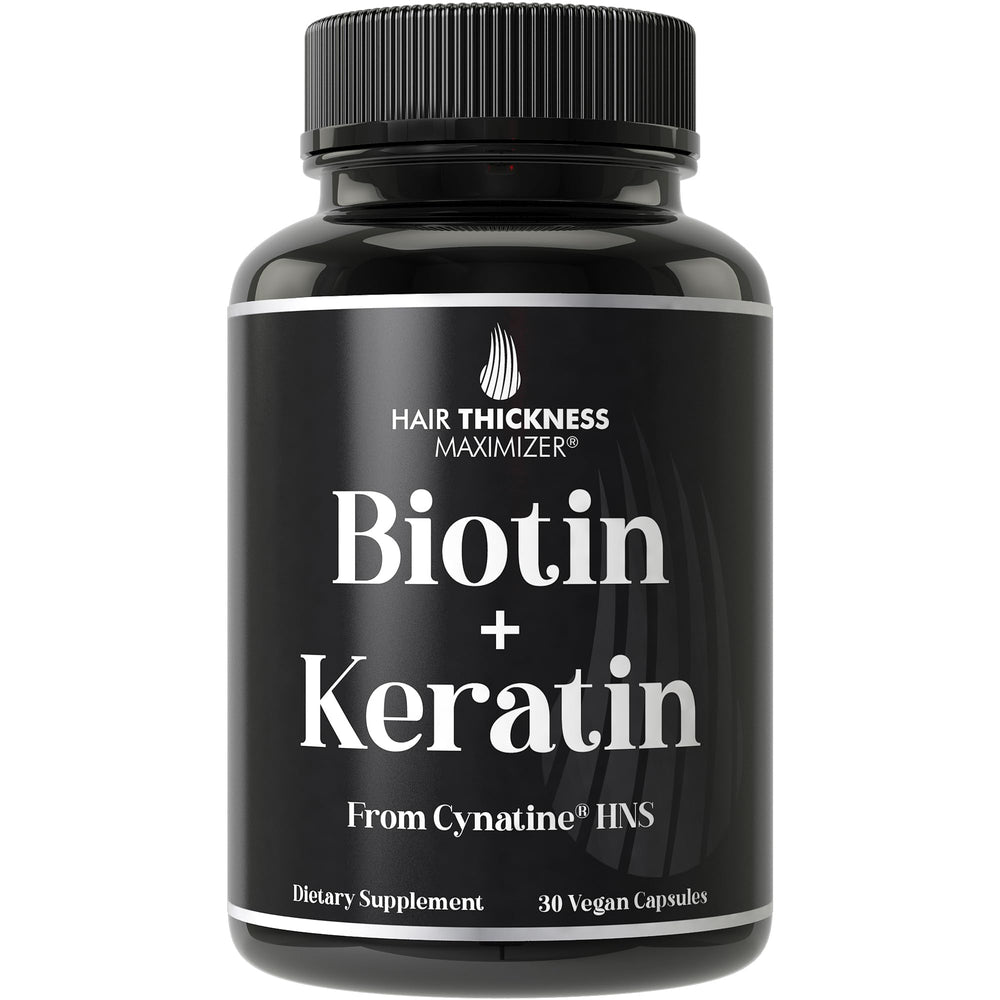 Hair Thickness Maximizer bottle pouring capsules for daily use supporting hair vitality.