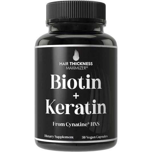Hair Thickness Maximizer bottle pouring capsules for daily use supporting hair vitality.