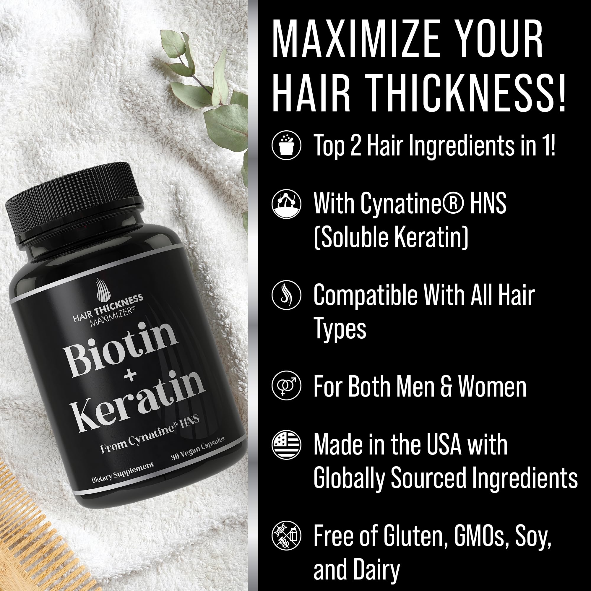 Woman with long hair using Hair Thickness Maximizer bottle during daily nourishment.
