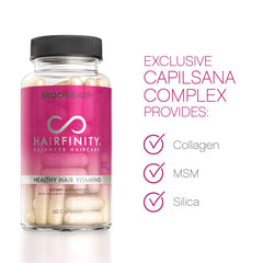 Hairfinity bottle close-up label highlights Biotin for growth and nail maintenance.