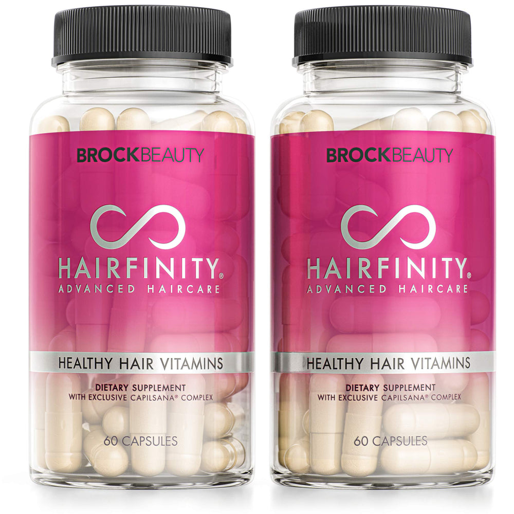 Hairfinity bottle front showing vegan formula and 120 capsules for daily hair care.